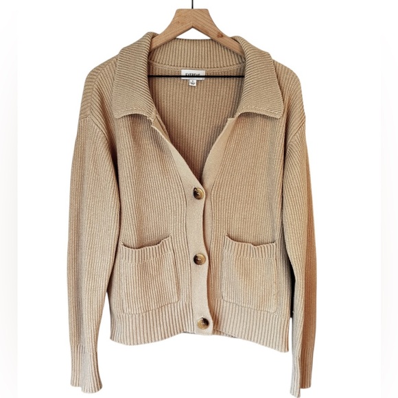 Evereve Tan Rib Knit Button Front Preppy Heritage Women’s Pocketed Cardigan Sz S - Picture 1 of 8